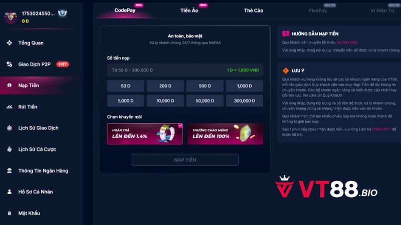 Các phương thức nạp tiền VT88